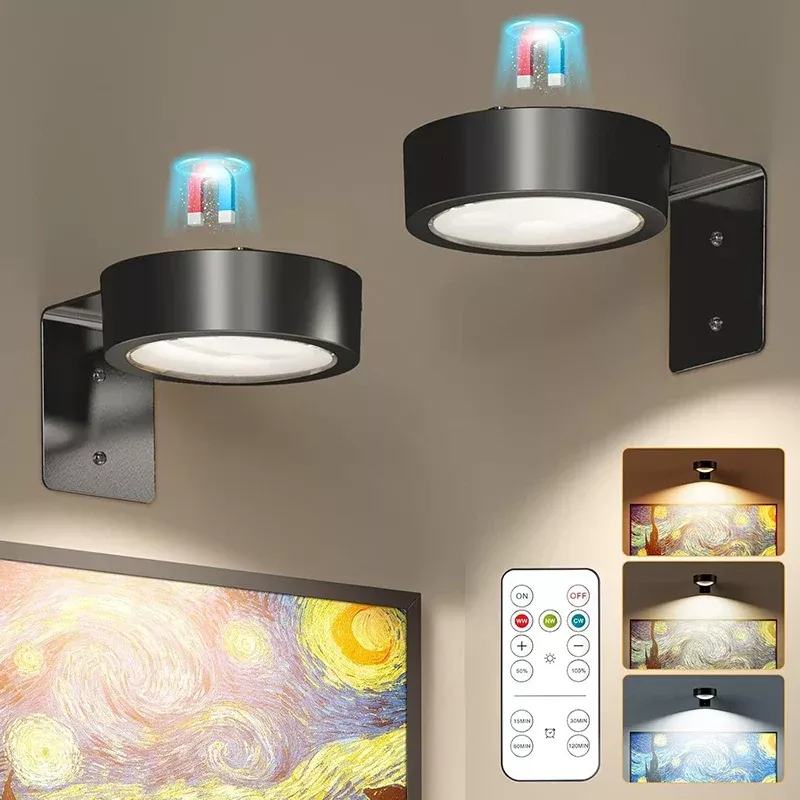 3 Pack Magnetic Picture Lights with Remote Dimmable Battery Art Wall Lights