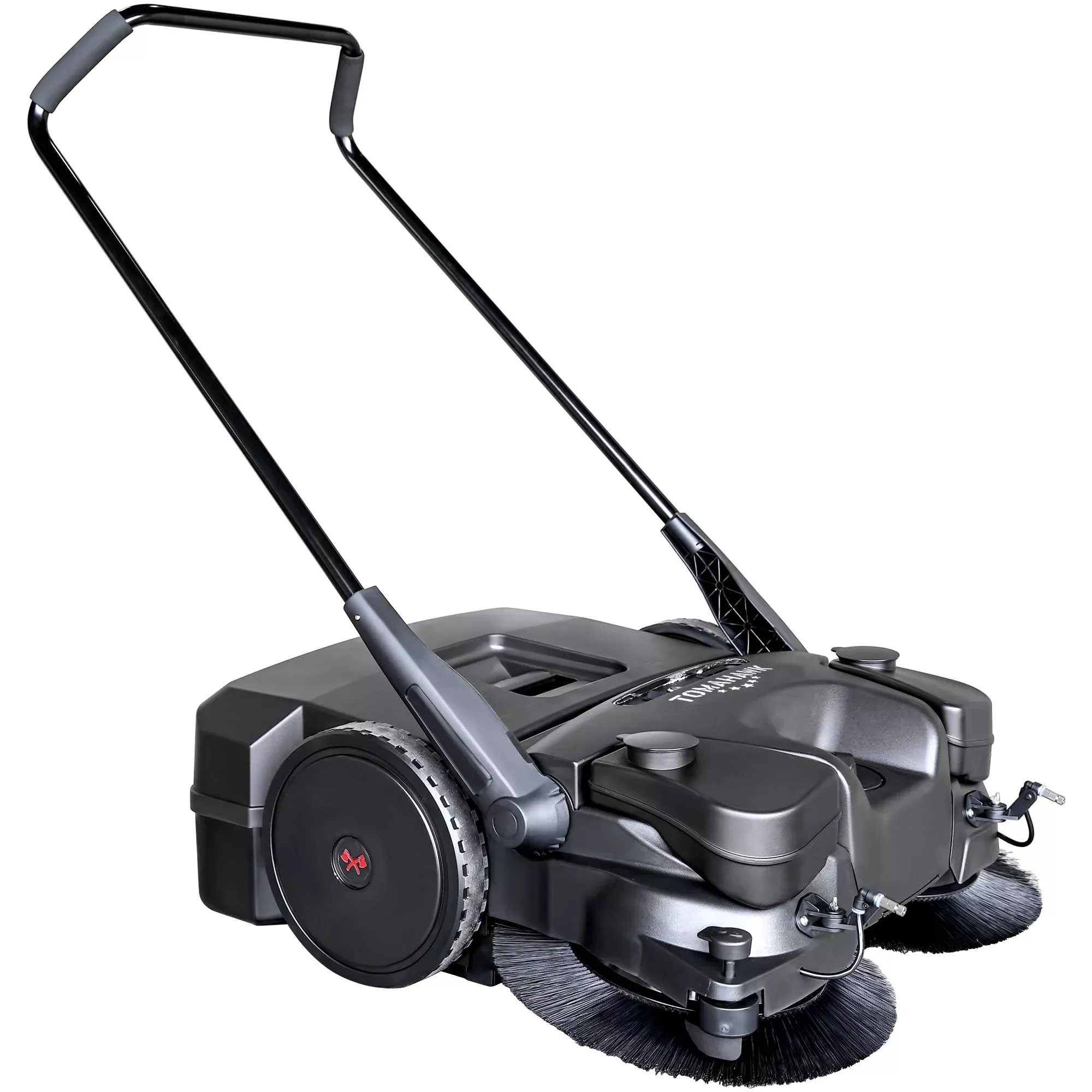 30″ Battery Powered Push Sweeper with Triple Power Brooms Electric Drive and Dust Suppression Sprayer