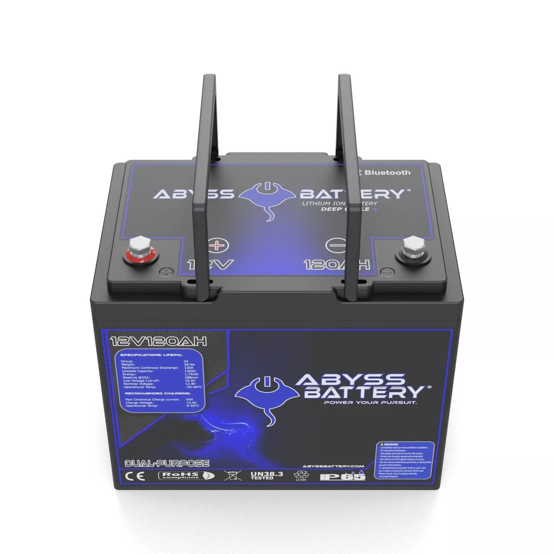 Abyss | Dual Purpose Lithium Marine Battery | Model AB-12V120-BT | Group 24 | Voltage 12V 120Ah | 1500A Peak CCA | Bluetooth BMS | IP65 Waterproof