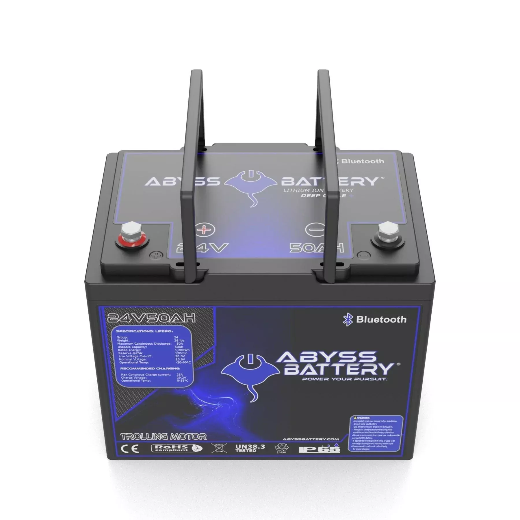 Abyss | Lithium Trolling Motor Battery | Model AB-24V50-BT | Group 24 | Voltage 24V 50Ah | Bluetooth BMS | Built-In Heating | IP65 Waterproof