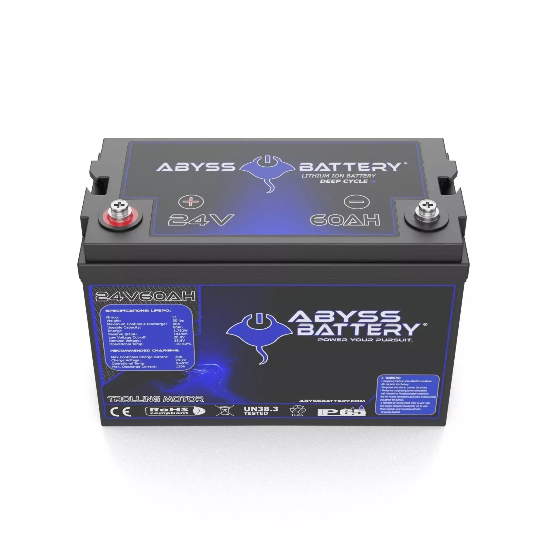 ABYSS | Lithium Trolling Motor Battery | Model AB-24V60-BT | Voltage 24V 60Ah | Group 24 | Bluetooth BMS | Built-In Heating | IP65 Waterproof