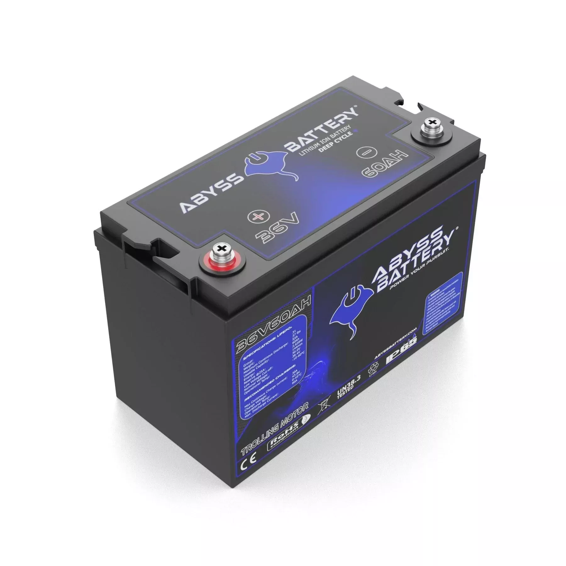 Abyss | Lithium Trolling Motor Battery | Model AB-36V60-BT | Group 31 | Voltage 36V 60Ah | Bluetooth BMS | Built-In Heating | IP65 Waterproof | Deep Cycle Marine Battery