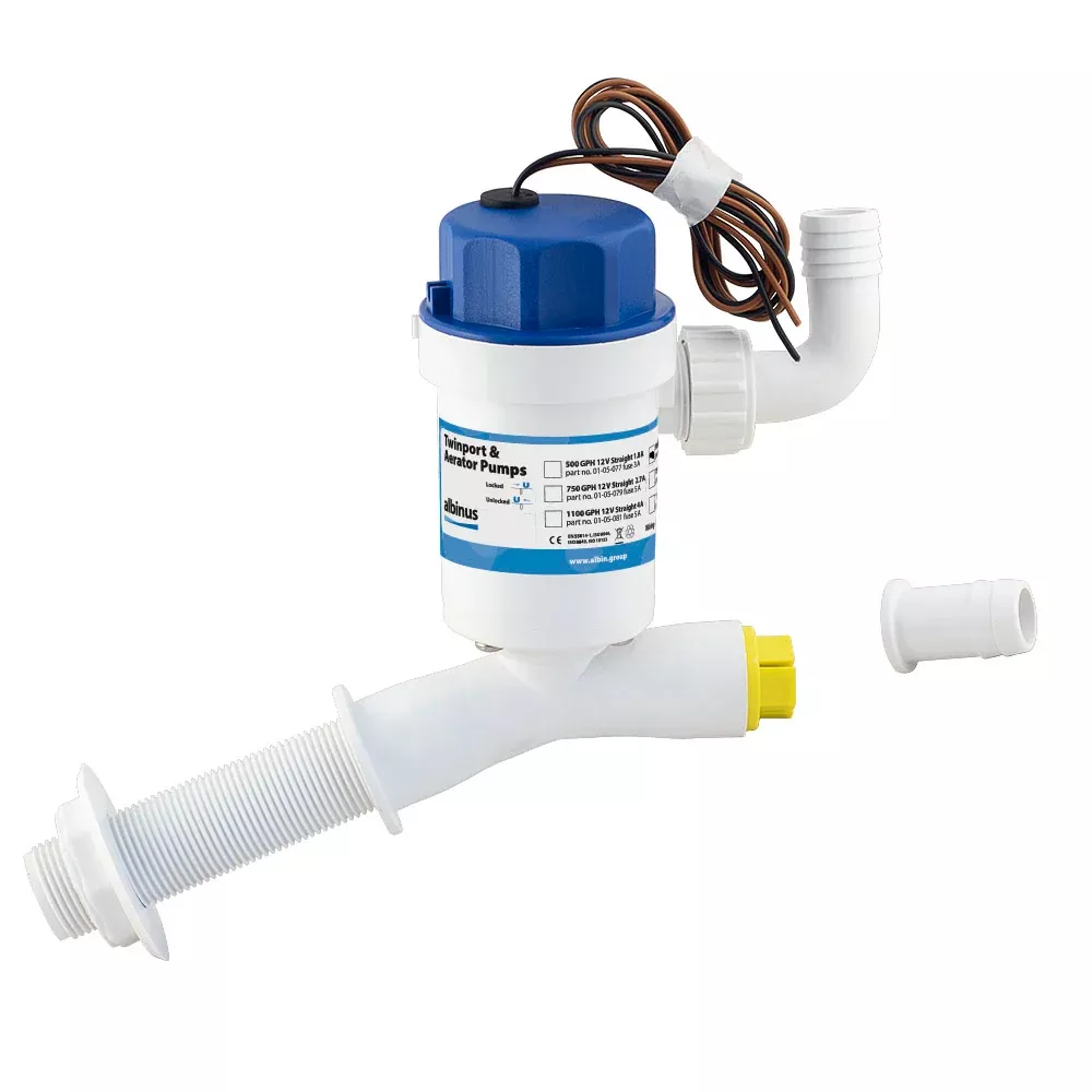 Albin Pump Cartridge Aerator Pump – 750 GPH – 12V – Angled• 01-05-080