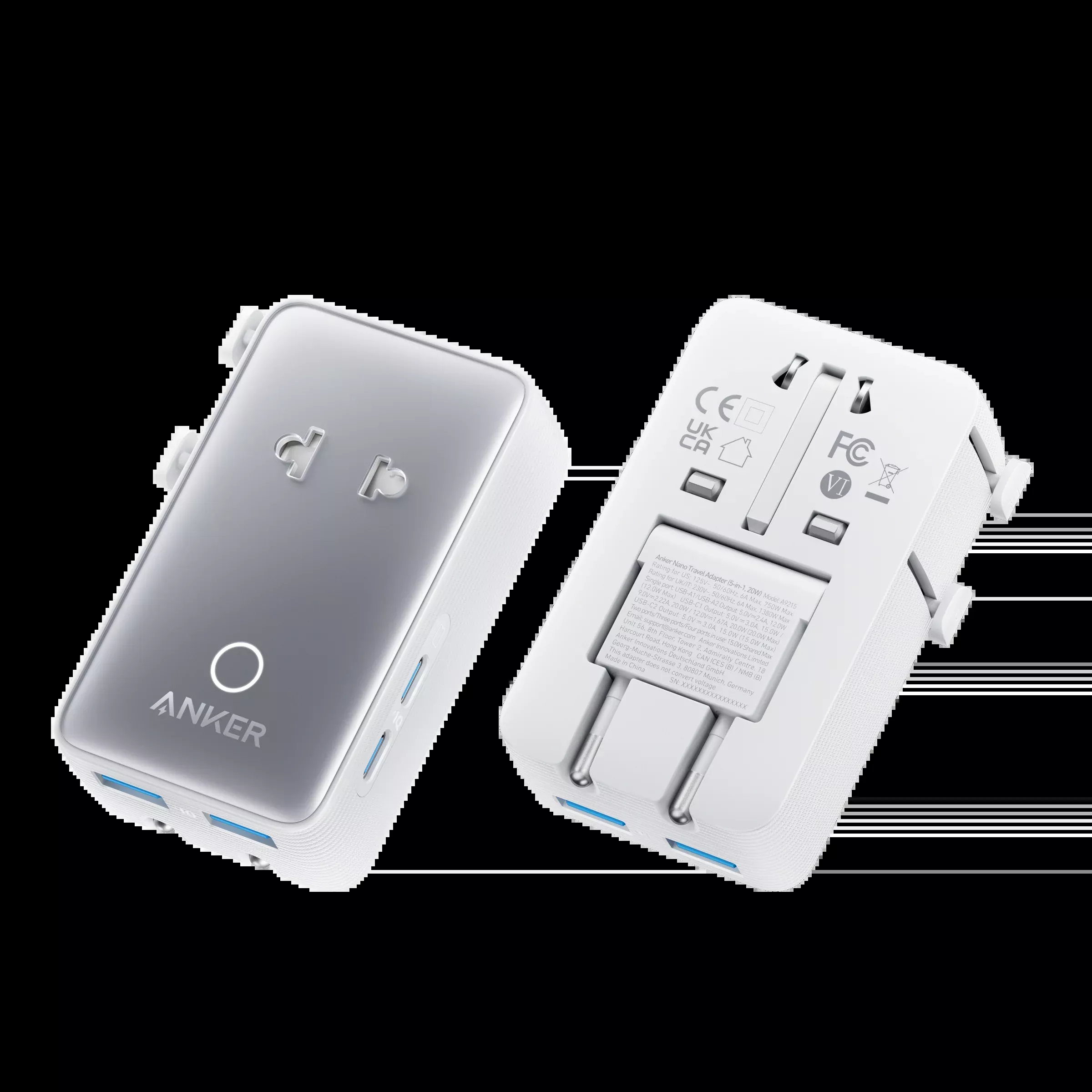 Anker Nano Travel Adapter (5-in-1, 20W, 1-Pack)