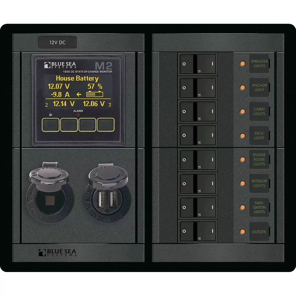 Blue Sea 1497 - 360 Panel - 8 Position 12V Flat Rocker M2 Multimeter with SOC & Dual USB/12V Socket - 1497