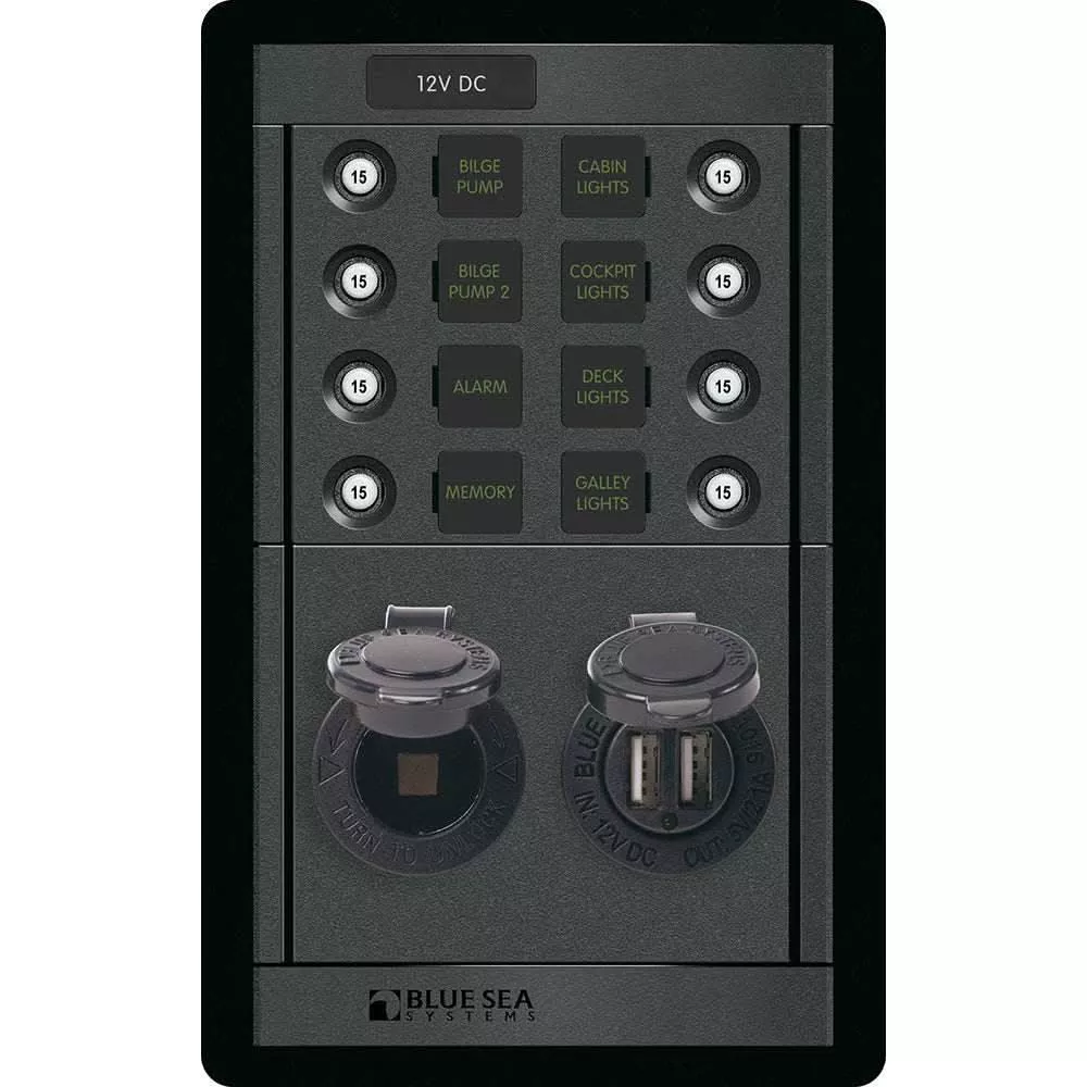 Blue Sea 1498 - 360 Panel - 8 Position 12V Panel with Dual USB & 12V Socket - 1498