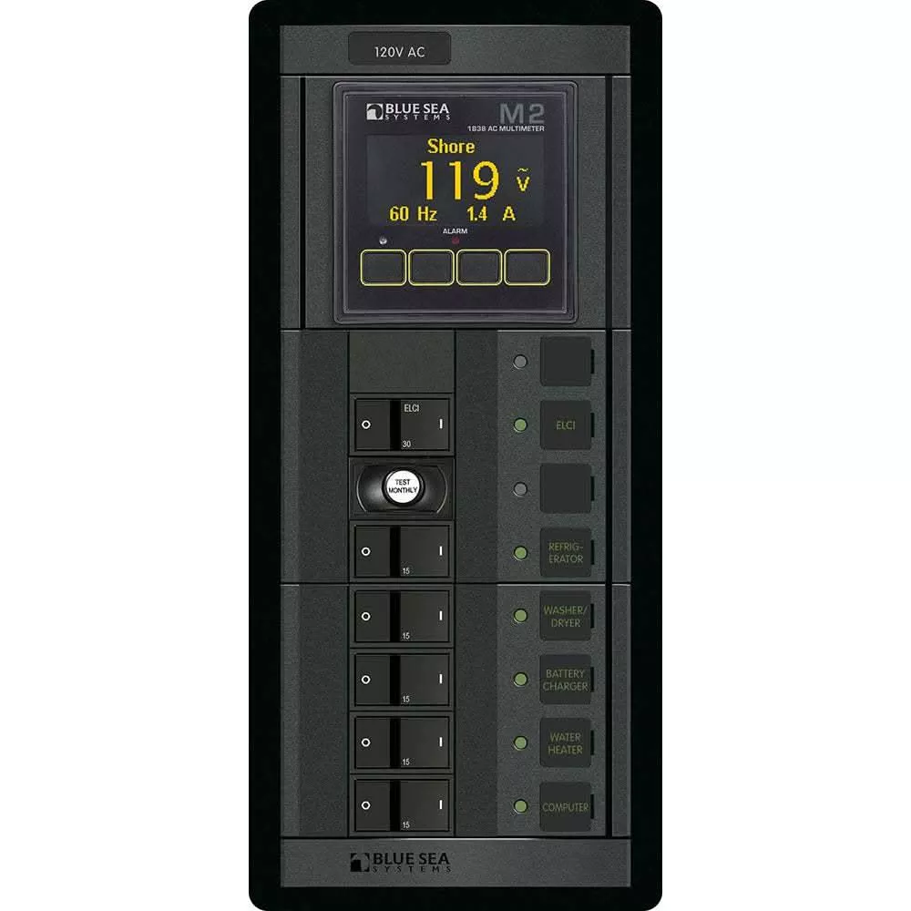 Blue Sea 1504 - 360 Panel - ELCI + 5 Position 120V AC Flat Rocker with M2 AC Multimeter - 1504