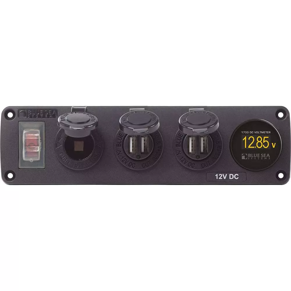Blue Sea 4368 Water Resistant USB Accessory Panel - 12V Socket, 2x 2.1A Dual USB Chargers, Mini Voltmeter - 4368