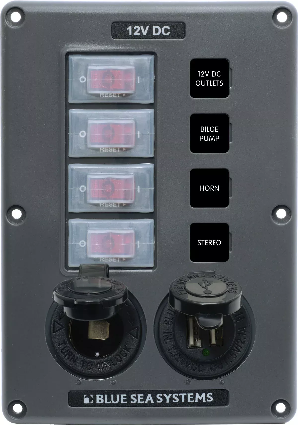 Blue Sea Circuit Breaker Switch Panel 4 Position – Gray W/12V Socket & Dual USB• 4321-BSS