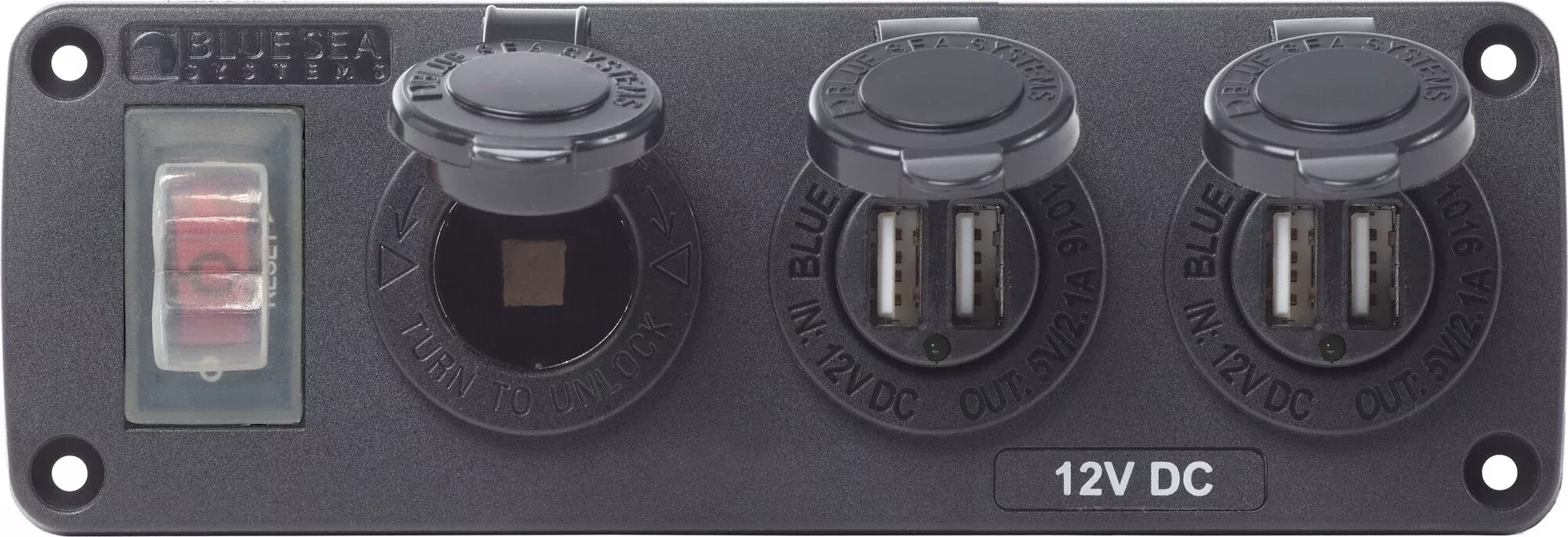 Blue Sea Water Resistant USB Accessory Panel - 15A Circuit Breaker, 12V Socket, 2x 2.1A Dual USB Chargers• 4365-BSS