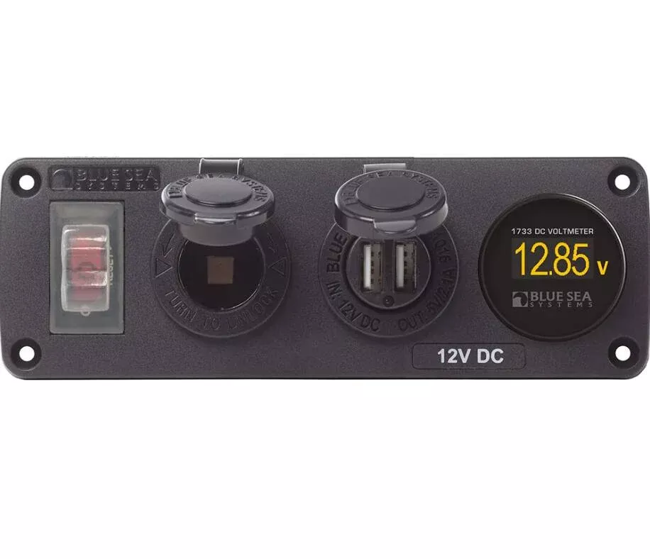 Blue Sea Water Resistant USB Accessory Panel – Circuit Breaker, 12V Socket, Dual USB Charger, Mini Voltmeter• 4366-BSS