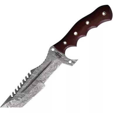 BnB Knives BNB1225TT Tanto Tracker Knife 6.00" 1095 Damascus Plain Edge Blade, Red G10 Handle and Leather Sheath