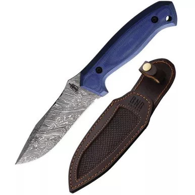 BnB Knives BNB13353 Pro-Lite Hunter Fixed Knife 4.50" 1095 Damascus Drop Point Plain Edge Blade, Blue G10 Handle and Leather Belt Clip Sheath