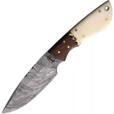BnB Knives BNB134652 Drop Point Hunter Knife 4.00" Damascus Drop Point Plain Edge Blade, Camel Bone Handle and Leather Belt Loop Sheath