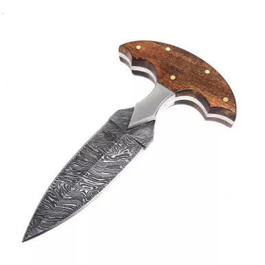 BnB Knives BNB15256 Push Fixed Dagger 3.50" Damascus Plain Edge Blade, Walnut Handle and Genuine Leather Sheath