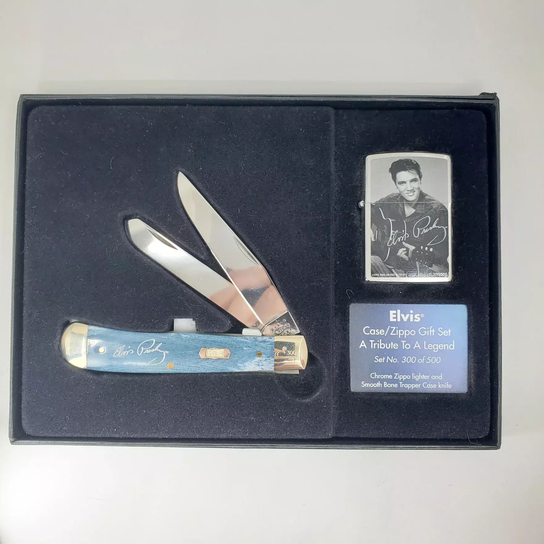 Case Knives Elvis Trapper/Zippo Lighter Embellished Smooth Mediterranean Blue Bone Gift Set