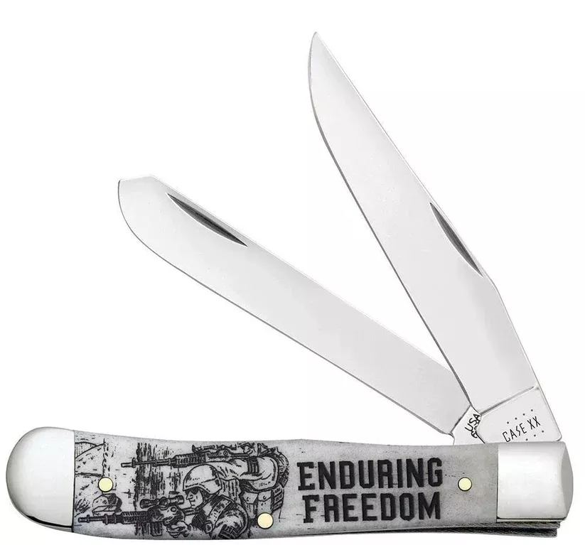 Case Knives War Series Enduring Freedom Natural Bone Smooth Trapper Pocket Knife