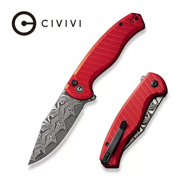 Civivi Stormhowl Red Aluminum Handle w/ Damascus Blade Buttonlock Folding Knife