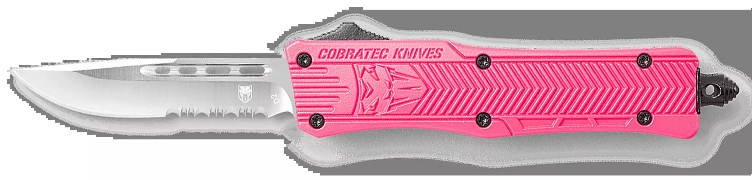 COBRA TEC KNIVES LLC CTK-1 Small Out-the-Front Knife, 2.75in D2 Drop-Point, Part Serrated, Pink Handle, Glass Breaker SPKCTK1SDS