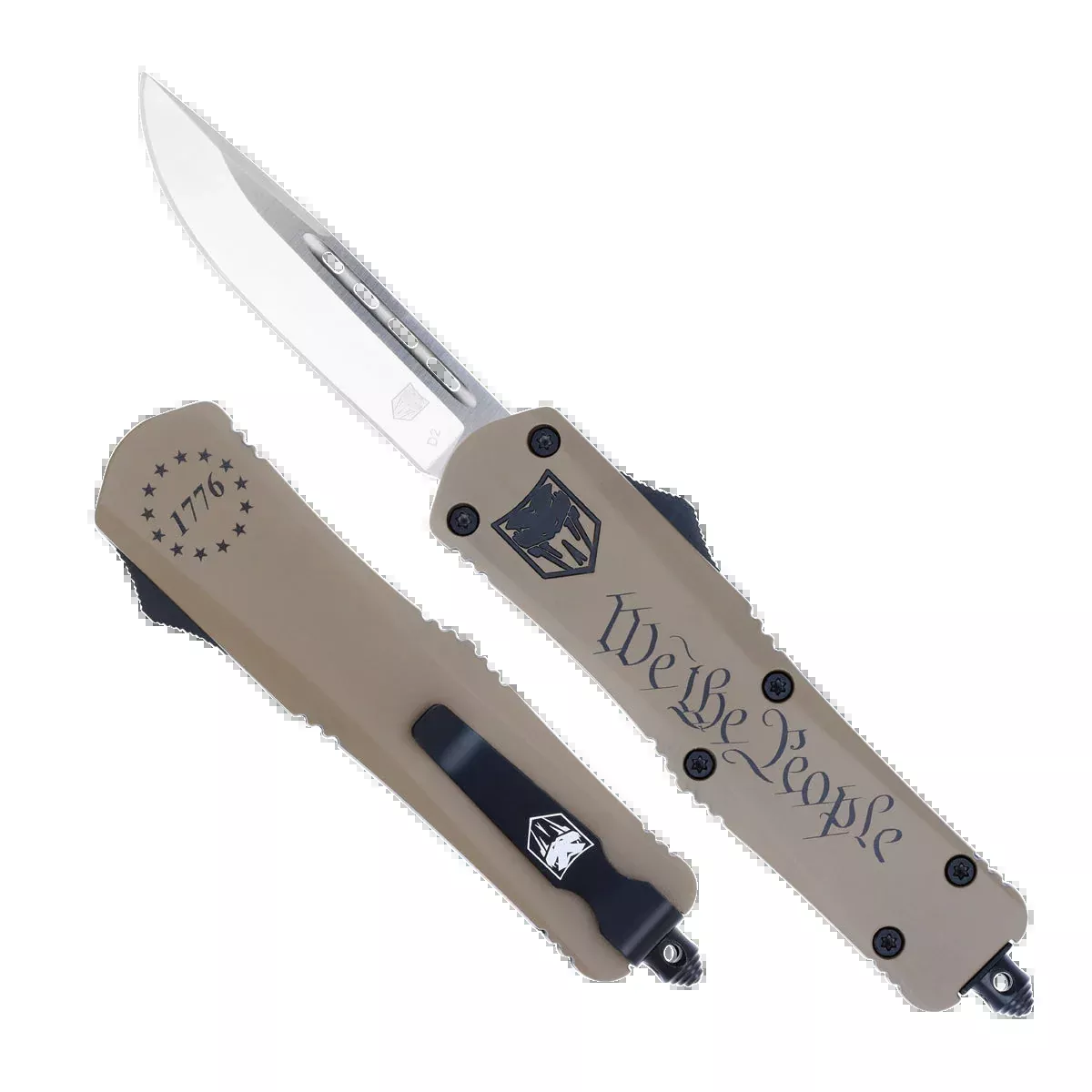 COBRA TEC KNIVES LLC We The People FS-3 Medium Out-The-Front Knife, 3 in D2 Drop Point, Tan Cerakote – MWTPFS3DNS