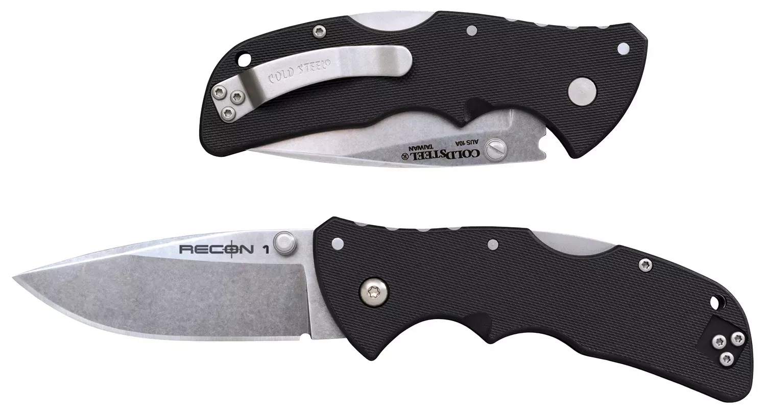 Cold Steel Recon 1 Mini 3″ Folding Spear Point Plain Stonewashed AUS-10A SS Blade/ Black Textured GRN Handle