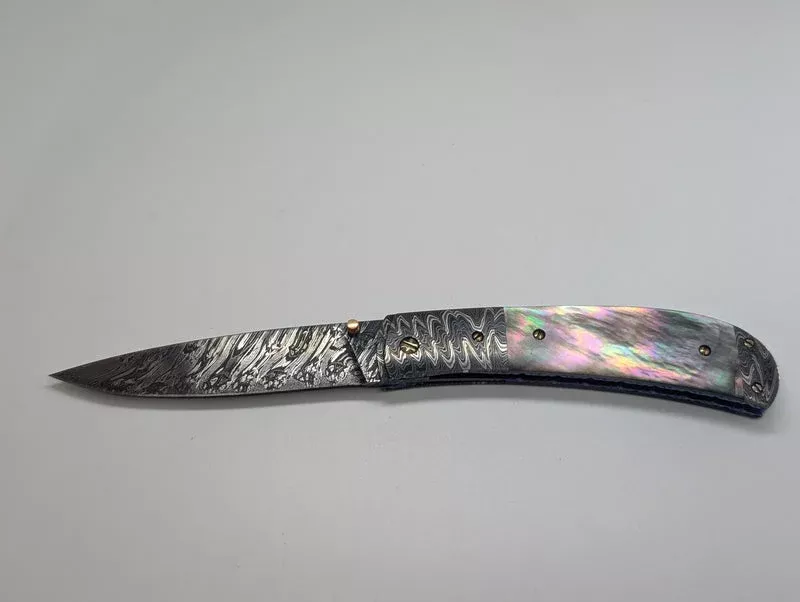 *Consignment* Don Hanson III Sunfish Forge Damascus Mother of Pearl Folding Knife