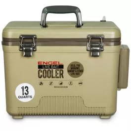 Engel Live Bait Pro Cooler with AP3 Rechargeable Aerator & Stainless Hardware - Tan