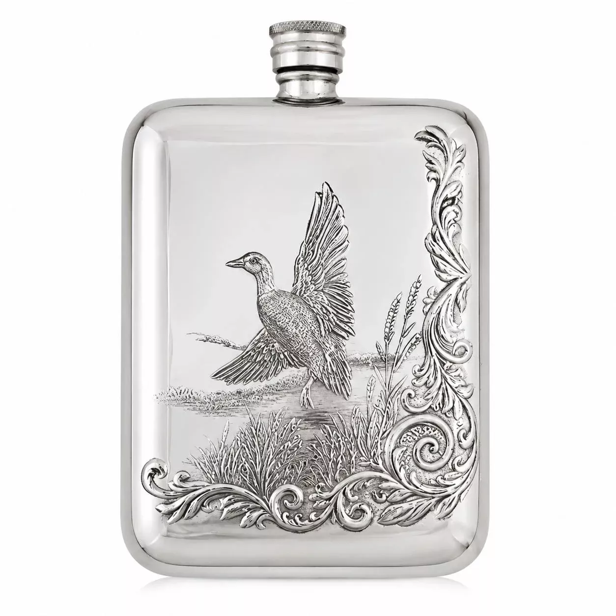 English Pewter Flask w/ Mallard Duck Scene