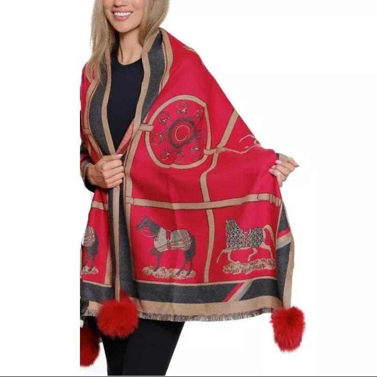 Equestrian Cashmere Wrap with Fox Fur Pom Poms