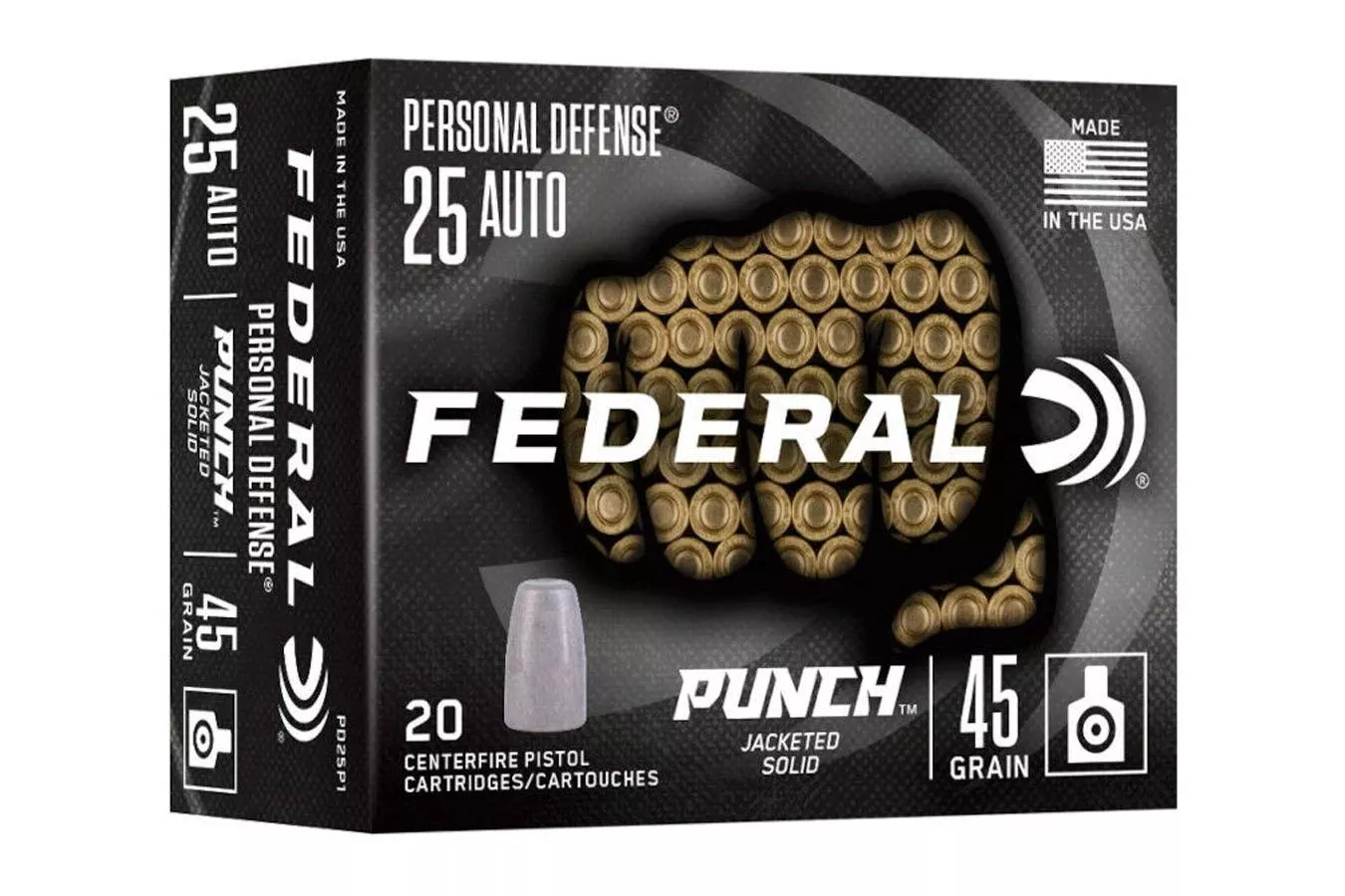 Federal 25 Auto 45 gr Jacketed Solid Punch 20/Box