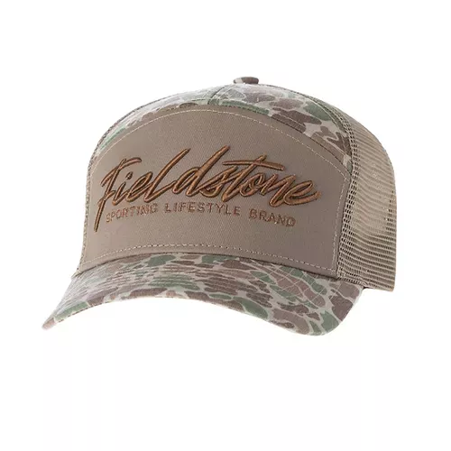 Fieldstone 7 Panel Script Logo Camo Hat #RH103