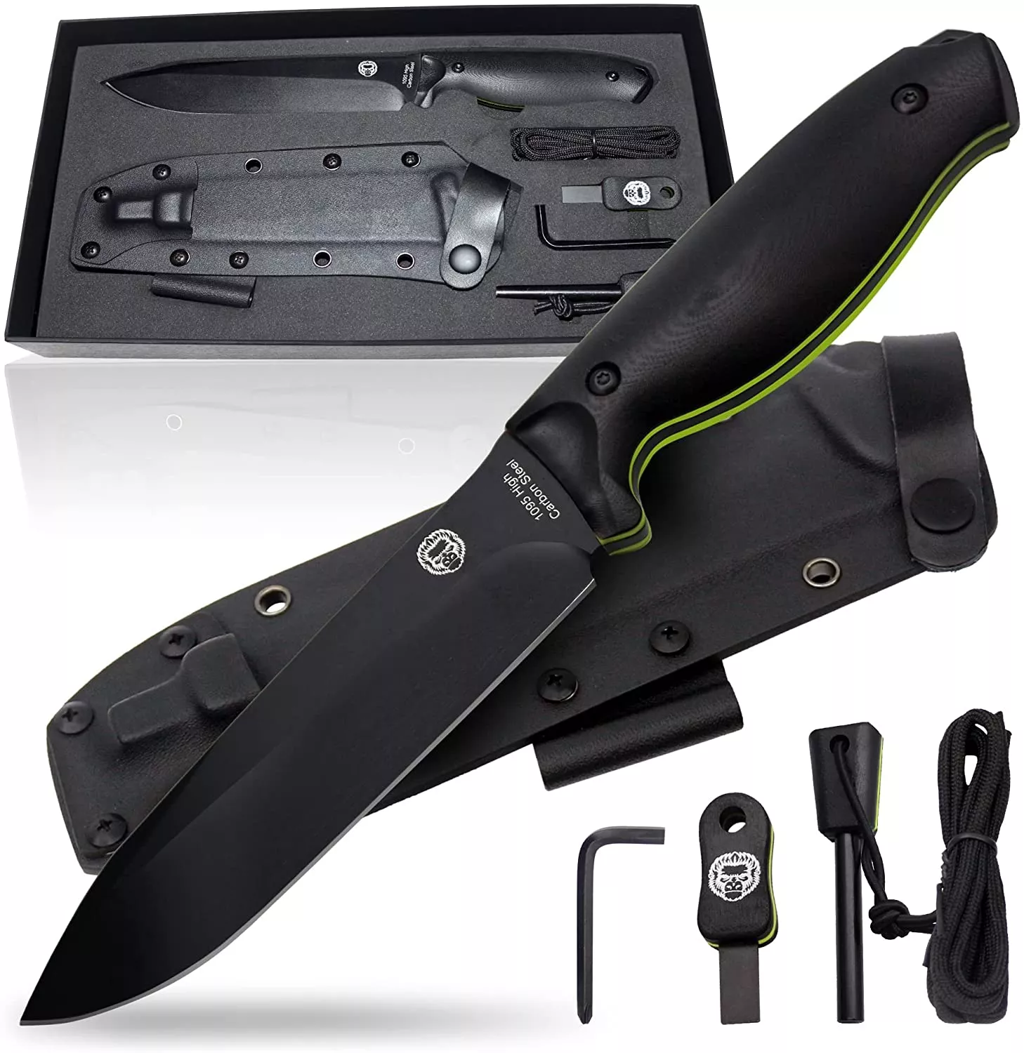 “The Fireline” Bushcraft Survival Knife with 1095 High Carbon Blade Giftset (Black and Green)