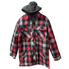 FiveBrother WorkWear Men's Snap Front Lined Hooded 9oz Flannel Jacket w/ Zipper Closer - Red/Gray/Blk Pld - M