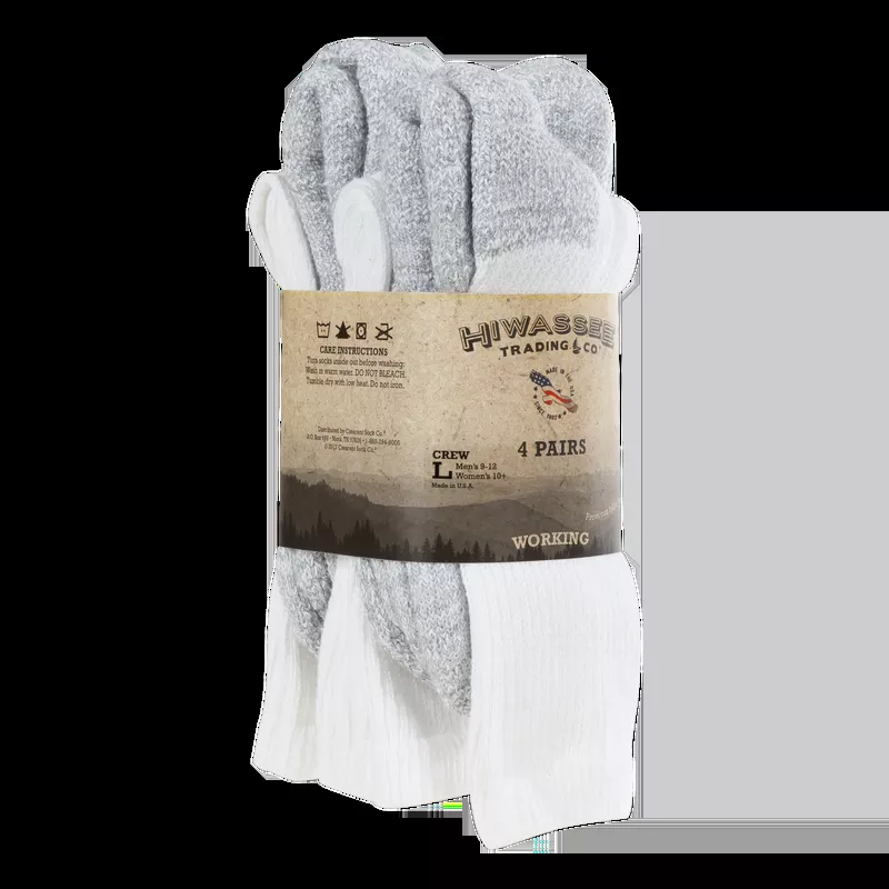 Hiwassee Working Cotton Crew 4 Pair Pack Socks – Large – White #H9001