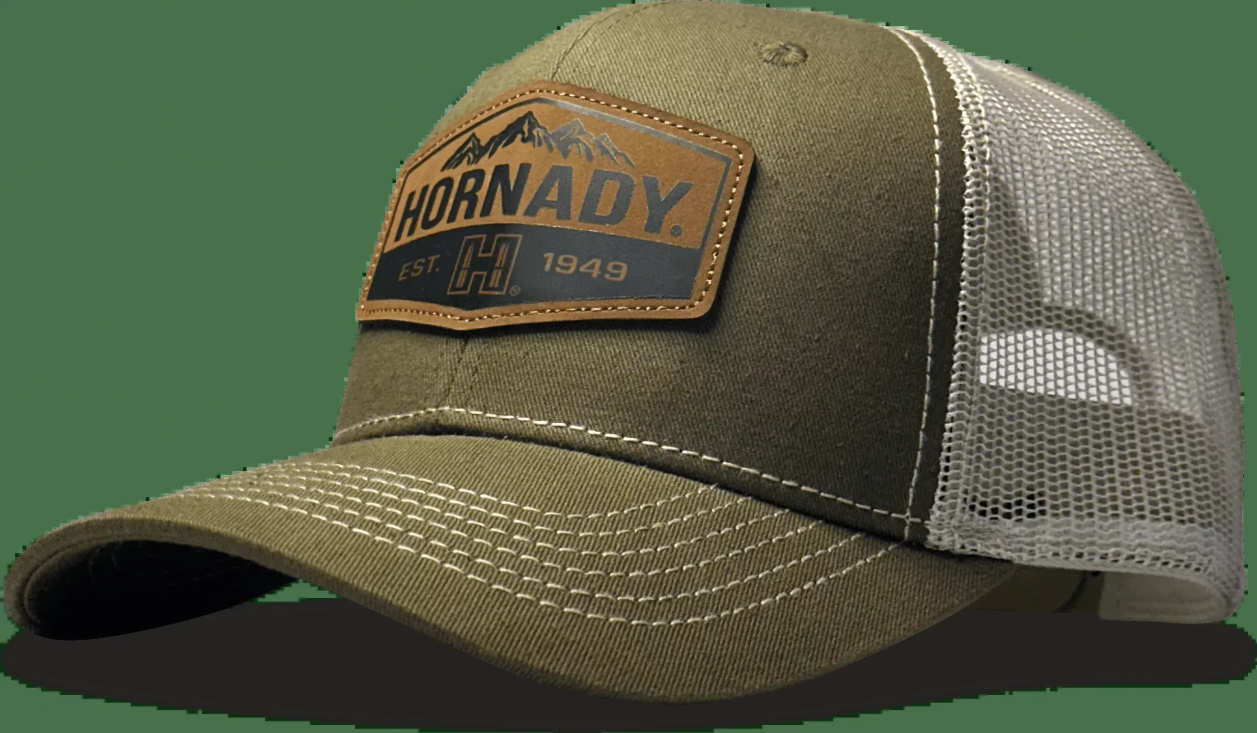 Horizon Design Hornady Two-Tone Trucker Hat, Sage, Leather Patch, Adjustable Snapback – 32170