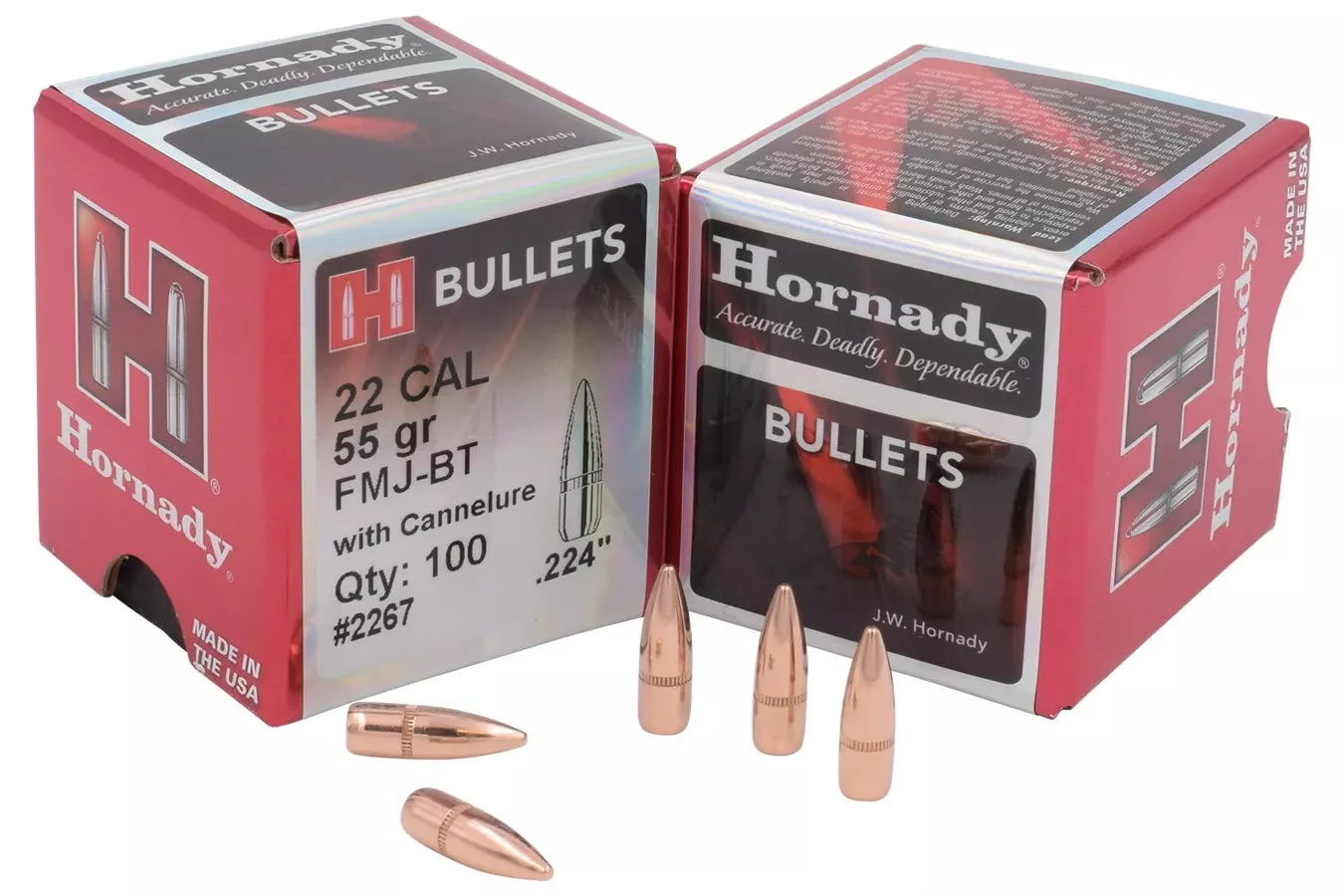 Hornady 22 Cal .224 55 gr FMJ-BT Reloading Bullets with Cannelure 100/Box
