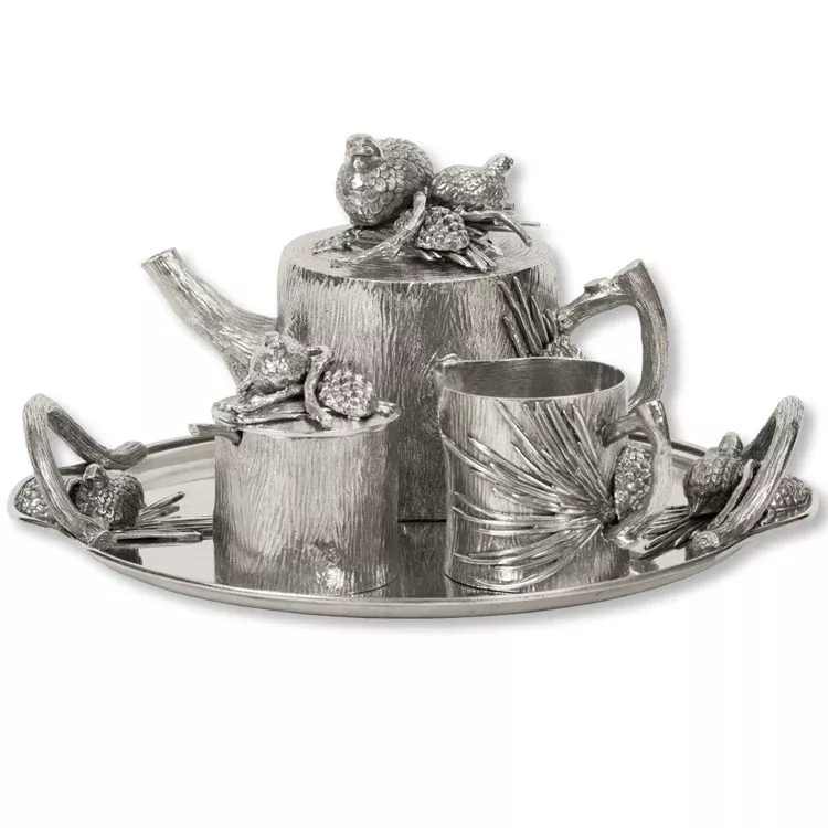 Italian Pewter Quail & Pinecone 4 piece Tea Set