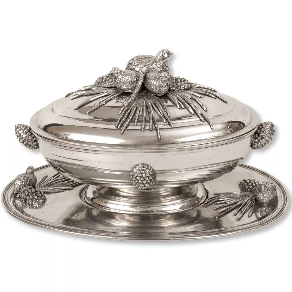 Italian Pewter Quail Pinecone Tureen & Tray