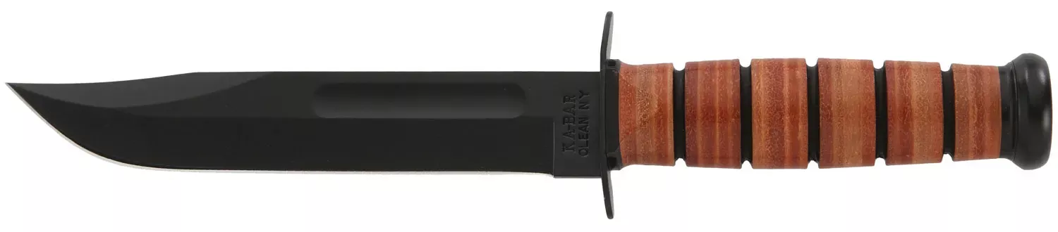 Ka-Bar USMC Fight/Utility 7″ Fixed Clip Point Plain Black 1095 Cro-Van Blade. Brown Leather Handle. Includes Sheath