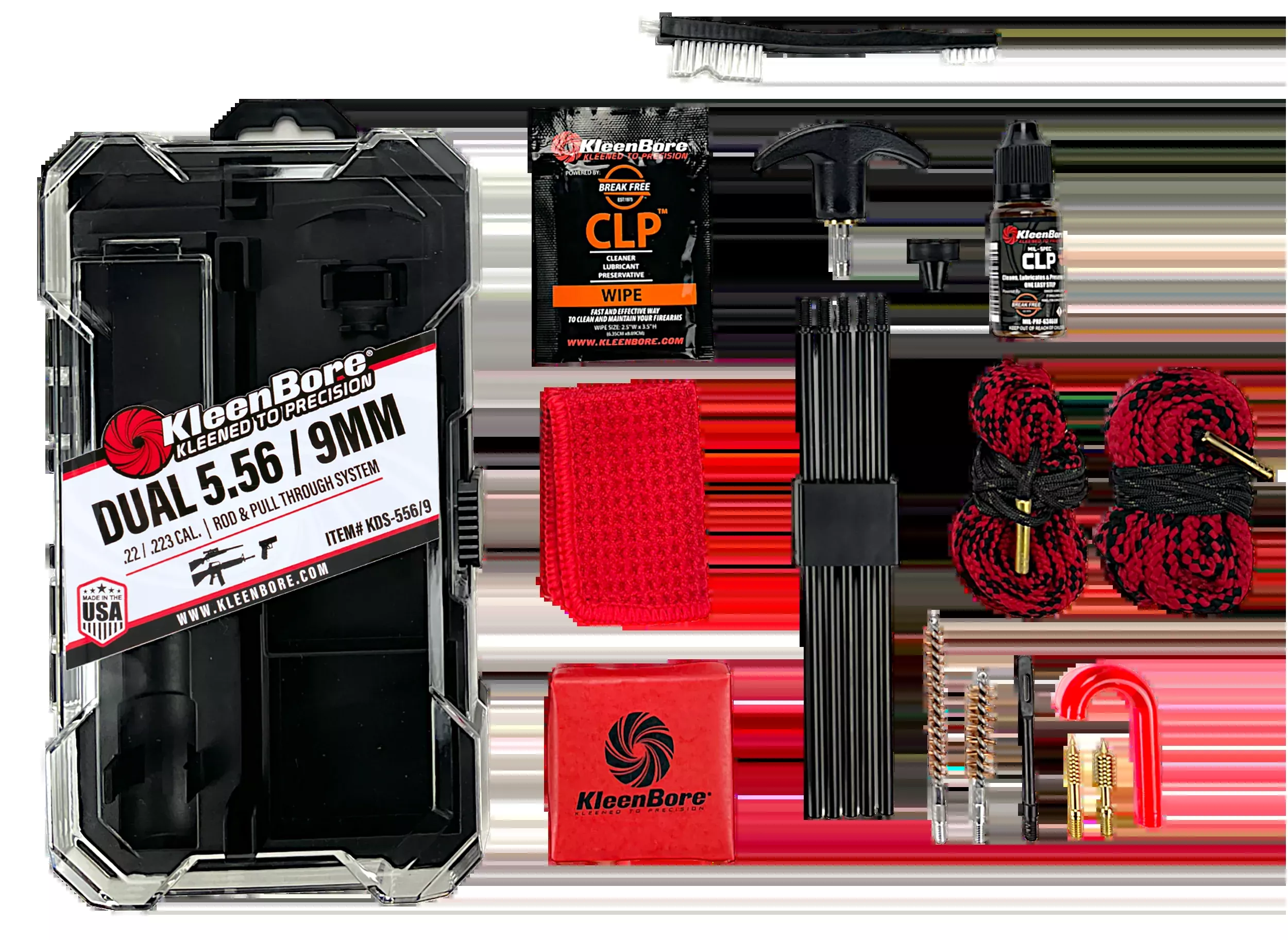 Kleen-Bore Dual-System Cleaning Kit for 5.56/.223/.22 & 9mm with Rod and Pull-Through Rope, KDS556/9