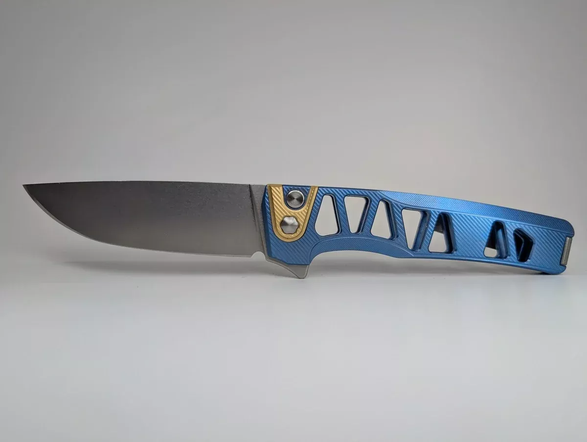 MachineWise Sonora Blue Skeleton Titanium (S90V | Brass Bolster) Button Lock Folding Knife #2104