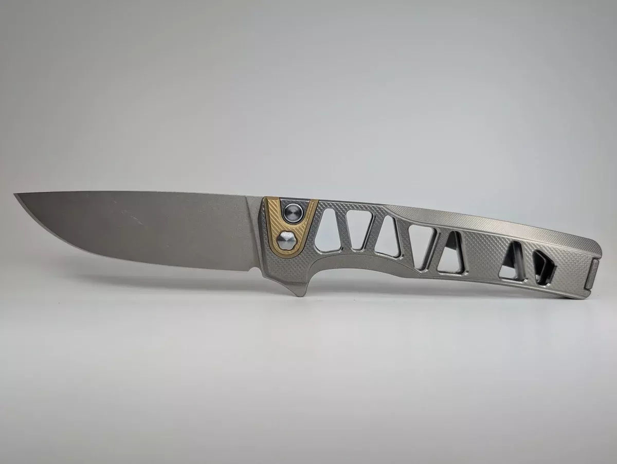 MachineWise Sonora Raw Ti ( S90V | Brass Bolster | Skeleton Experimental Integral Buttonlock Folding Knife #1807 *BLEM*