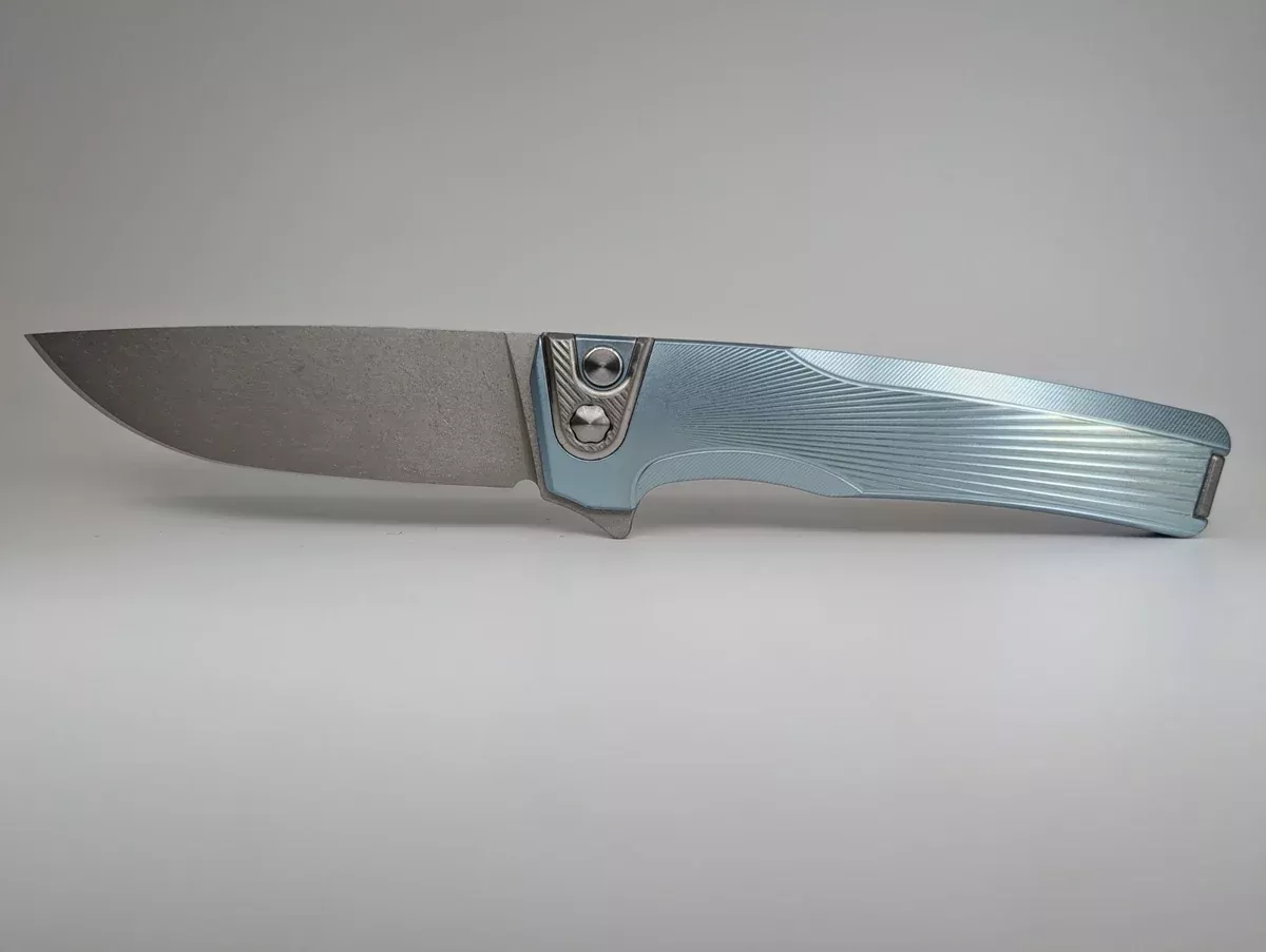 MachineWise Sonora Sunray Ice Blue Titanium (S90V | Titanium Bolster) Button Lock Folding Knife #1991 *BLEM*
