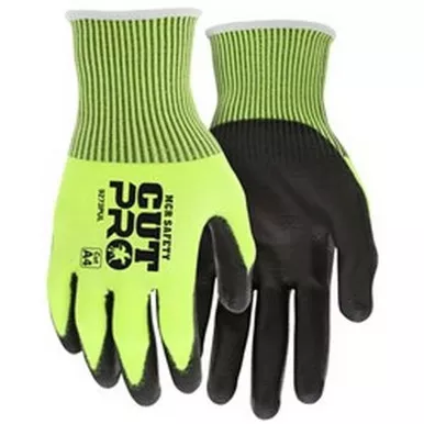 MCR Safety 9273PU Cut Pro 13 Gauge HyperMax™ Hi-Vis Lime Shell, Black Polyurethane or Nitrile Foam Coated Palm & Fingertips, Cut Resistant Work Gloves