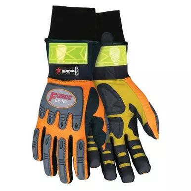 MCR Safety HV200 ForceFlex Hi-Vis Orange Back w/ Reflective Stripes & TPR Padding, Rough Reinforced Clarino Leather Padded Palm, Wind/Water Resistant Mechanics Gloves w/ Neoprene Slip-On Cuff w/ Side Flex Panels