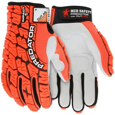 MCR Safety PD2910 Predator Cowskin Leather w/ D3O Foam Padded Palm, HyperMax™ Cut Resistant Palm Liner, Hi-Vis Orange Two-Way Spandex w/Tire Tread TPR Back Mechanics Gloves w/ Reinforced Thumb Crotch & Adjustable Hook & Loop w/ ID Panel