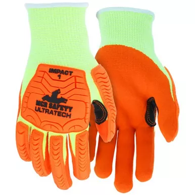 MCR Safety UT1955 UltraTech 13 Gauge Lime HyperMax™ Shell, Orange Sandy Nitrile Foam Coated Palm & Fingertips, Padded Palm, Orange TPR Back Mechanics Gloves w/ Reinforced Thumb Crotch