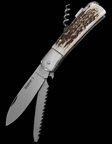 Mercury Hunter Stag Three Use Lockback Corkscrew Saw Penknife
