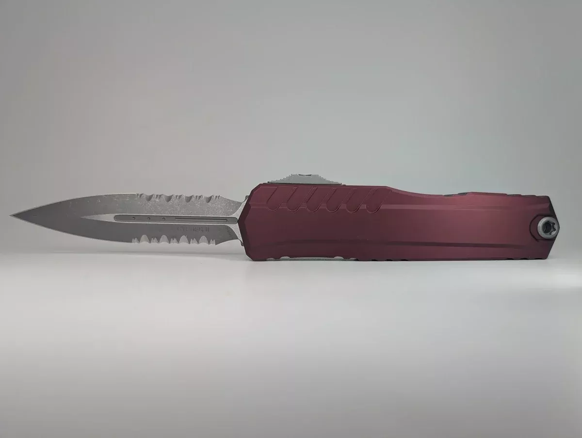 Microtech Cypher II Double Edge Merlot Partial Serrated Out the Front Knife
