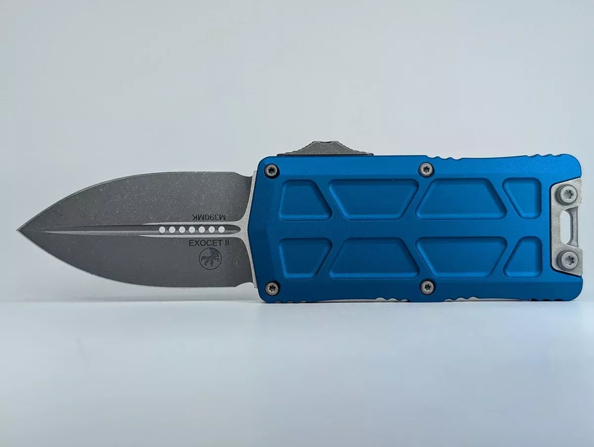 Microtech Exocet II Blue Double Edge Apocalyptic Out the Front Knife
